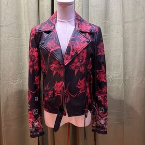 Roberto Cavalli Black and Red Floral Leather Jacket, XS